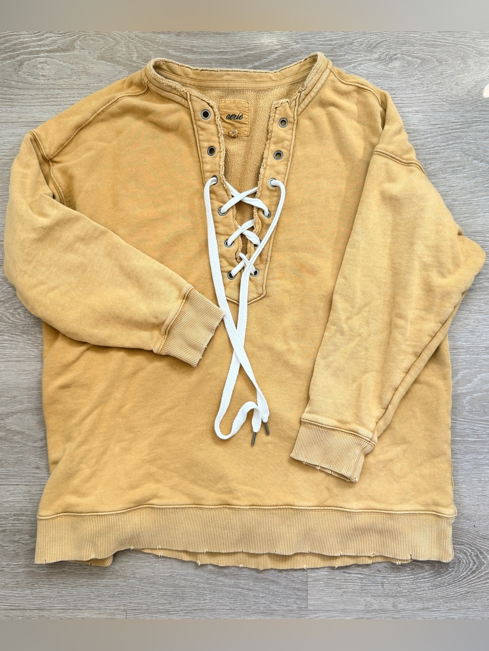 Aerie Mustard Yellow Oversized Lace-up Pullover Laceup Sweatshirt, Large